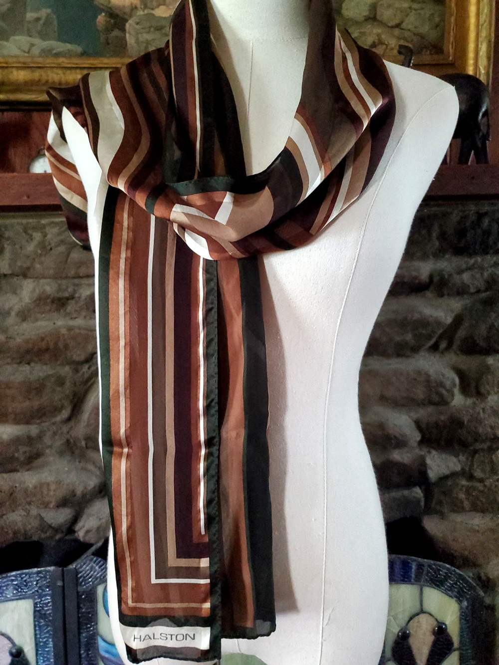 Halston Silk Scarf Oblong Brown Neutral Striped Wrap 60 x 13 Authentic Vintage